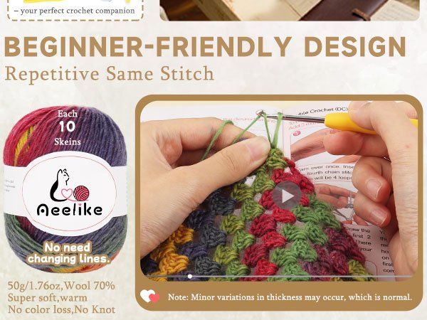 Crochet yarn skein with rainbow ombre colors and a crochet project in progress with instructions.