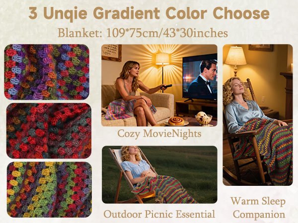 Collage of crochet blanket swatches and lifestyle images of people using the blanket indoors and outdoors.