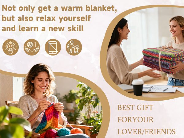 Woman crocheting a colorful blanket while another woman receives a finished blanket as a gift.