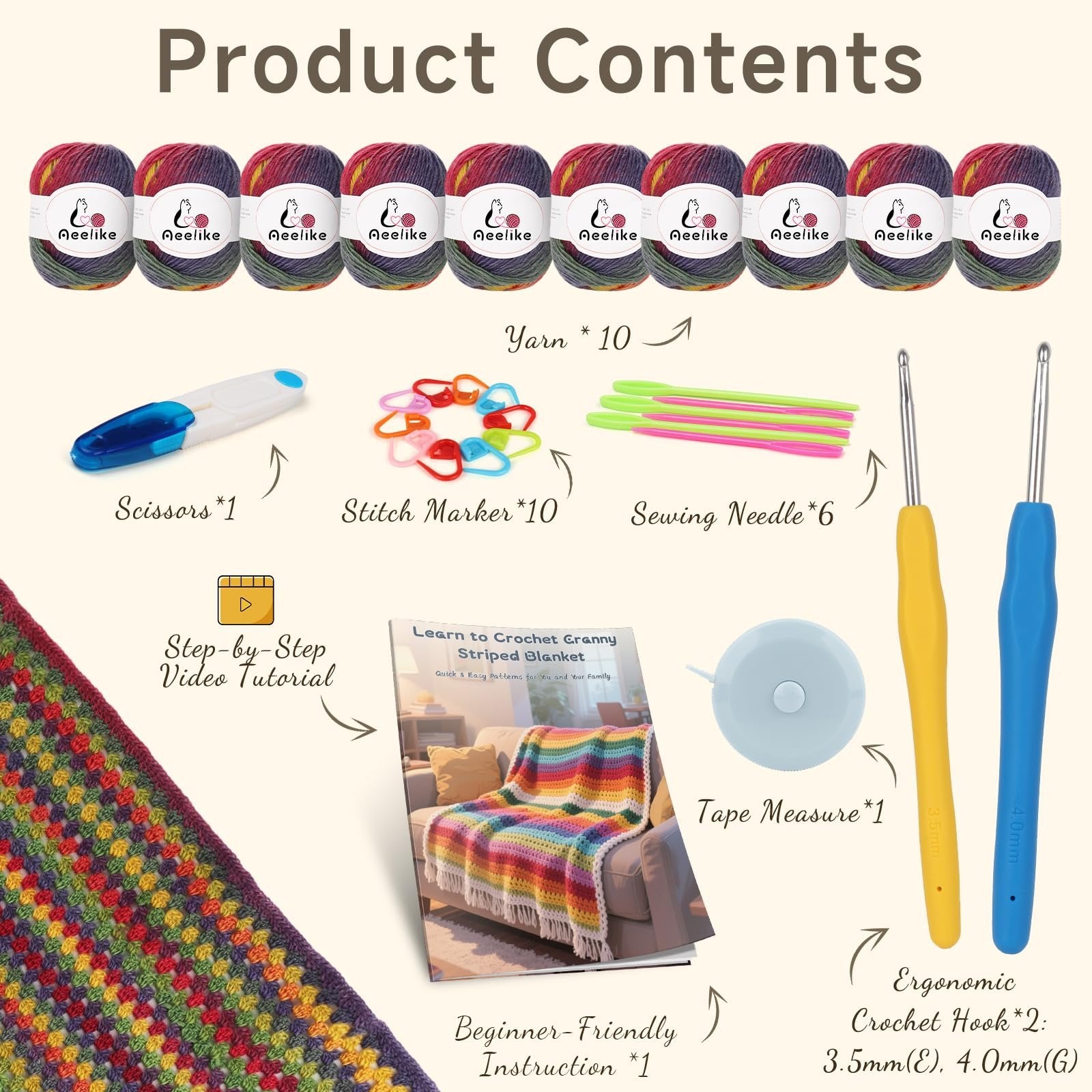 Crochet blanket kit contents including yarn skeins, scissors, stitch markers, sewing needles, instruction booklet, tape measure, and crochet hooks.