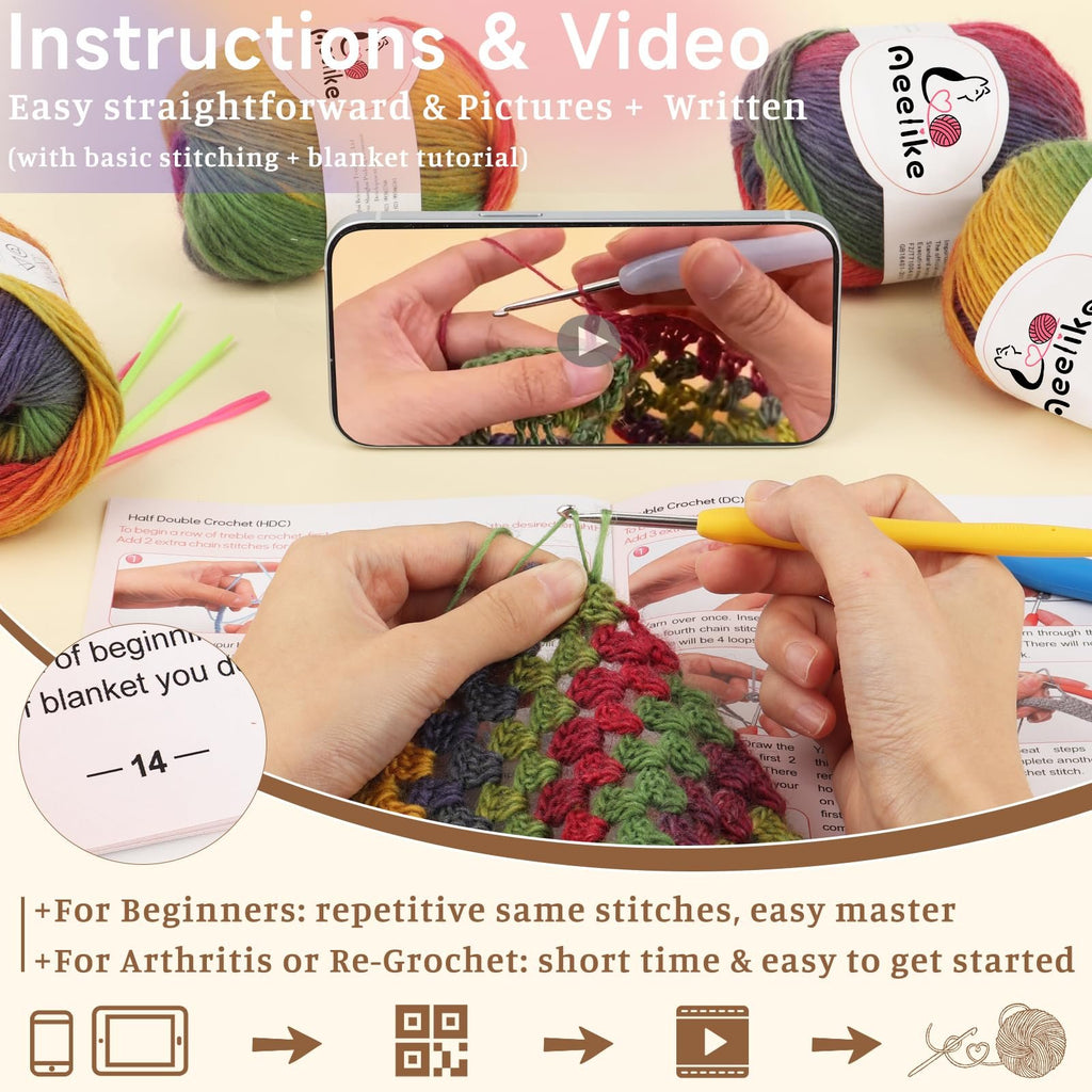 Crochet blanket kit with yarn skeins, hooks, and instructions showing hands crocheting. A phone displays a video tutorial.