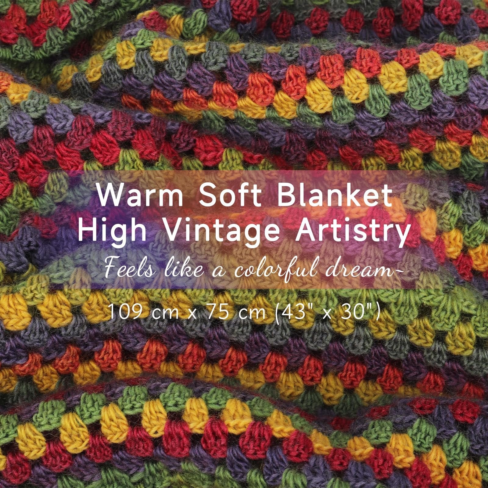 Close-up of a colorful crocheted blanket with a textured pattern in shades of red, green, yellow, and purple.