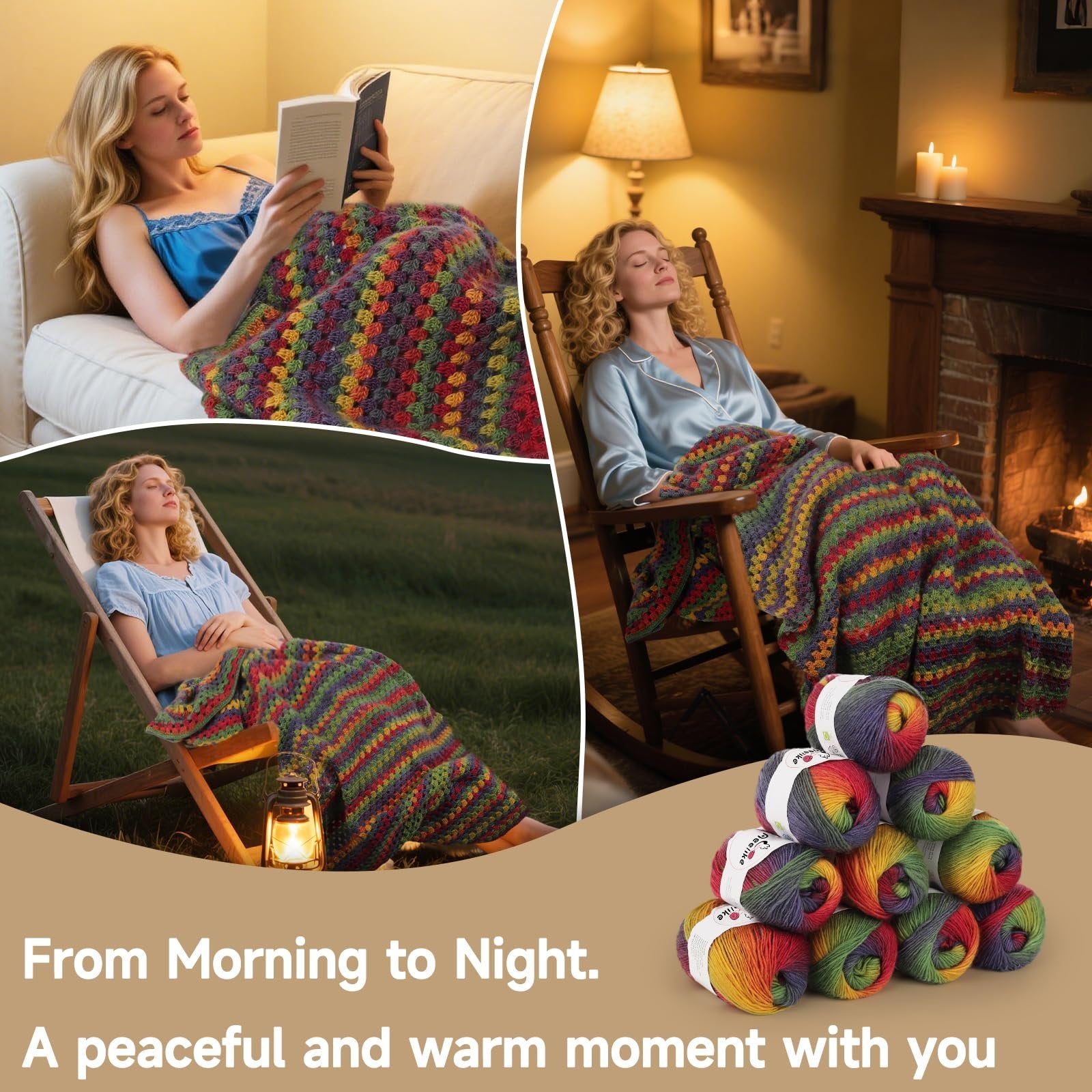 Collage of a woman relaxing with a colorful crochet blanket in different settings, with yarn skeins in the foreground.