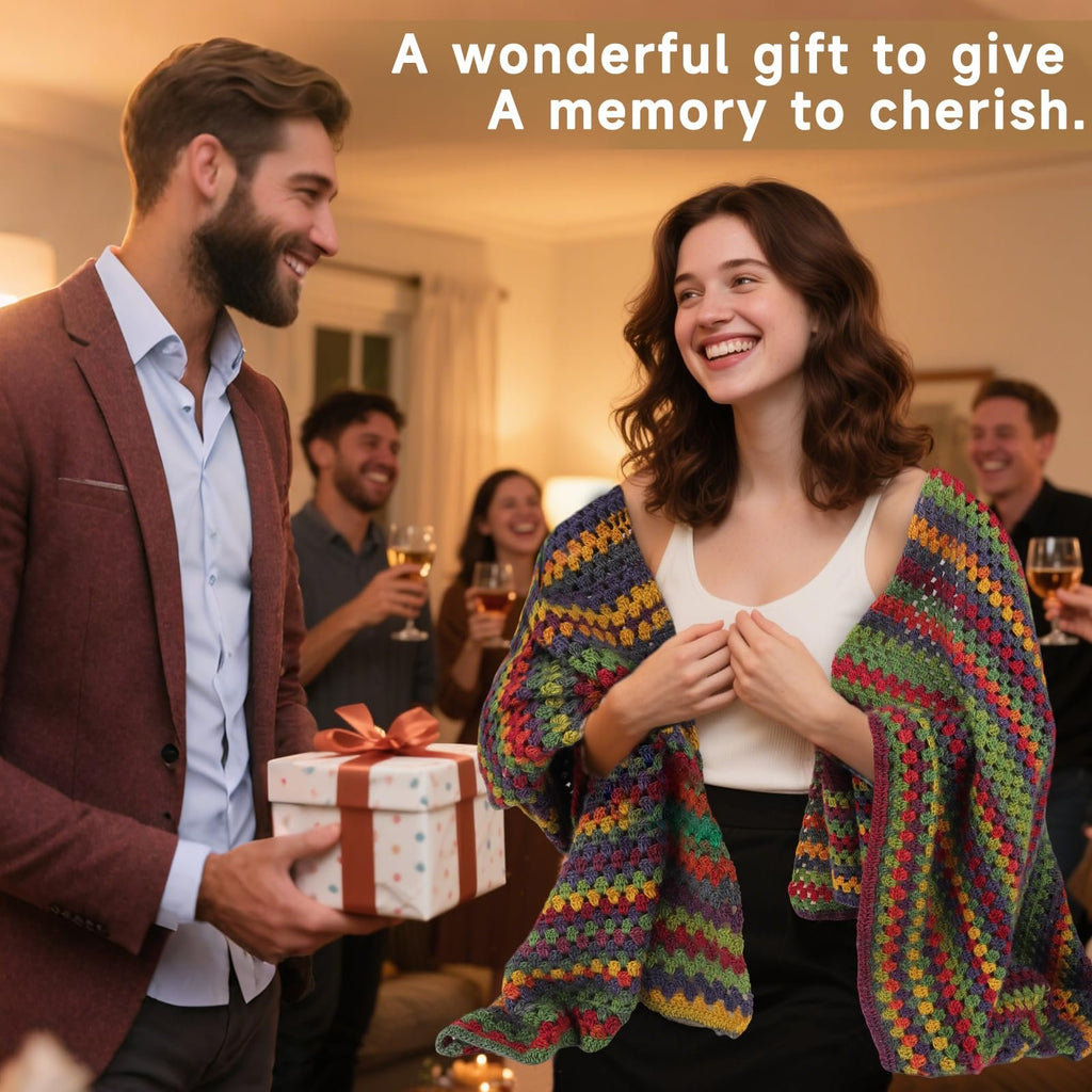 Man gifting a wrapped present to a woman wearing a colorful crochet shawl at a party