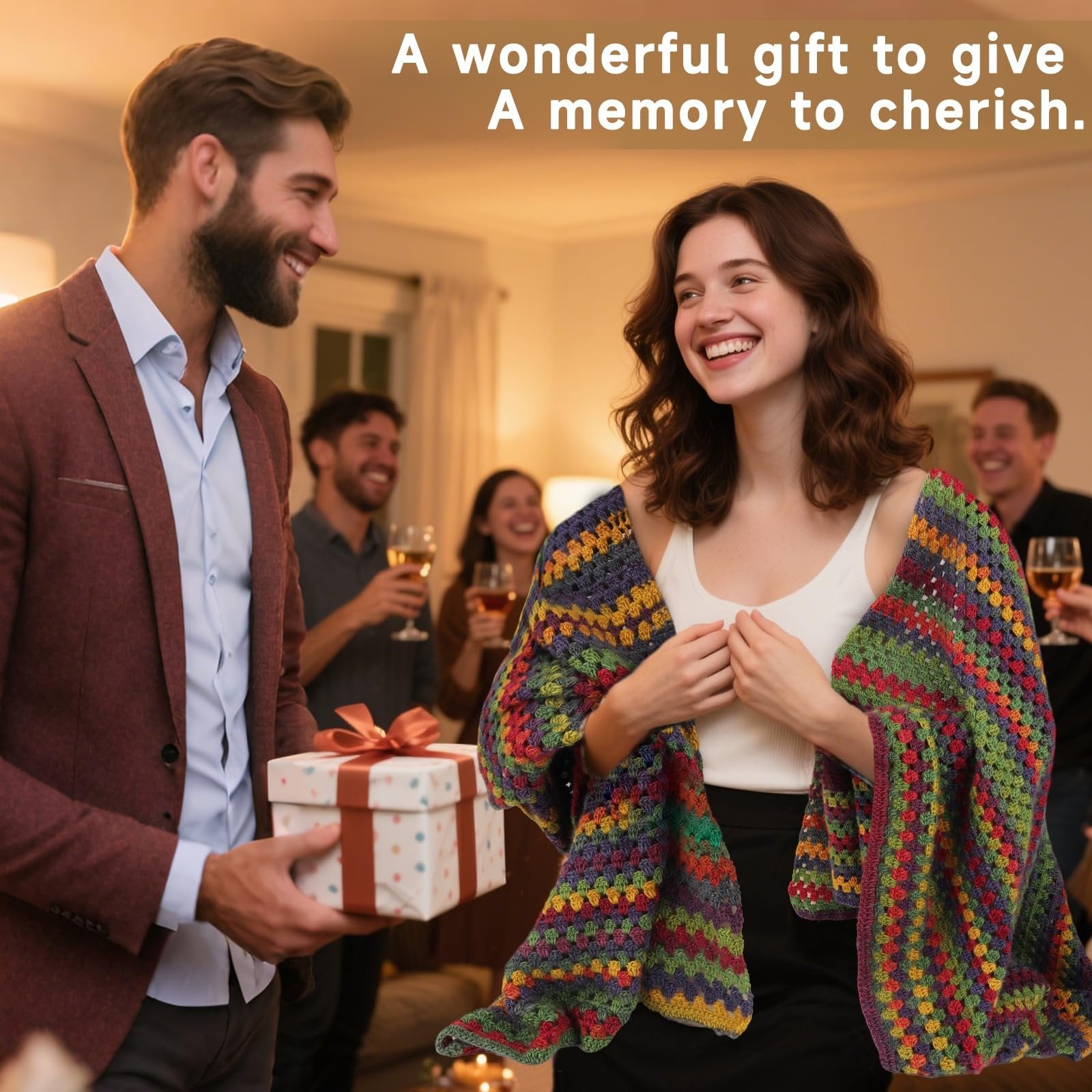Man gifting a wrapped present to a woman wearing a colorful crochet shawl at a party