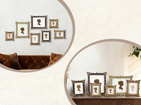 Collection of ornate vintage-style picture frames with silhouette inserts displayed on a wall and a dresser.
