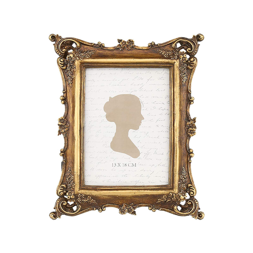 Vintage-style antique gold polyresin picture frame with ornate detailing and glass front, shown on a white background.