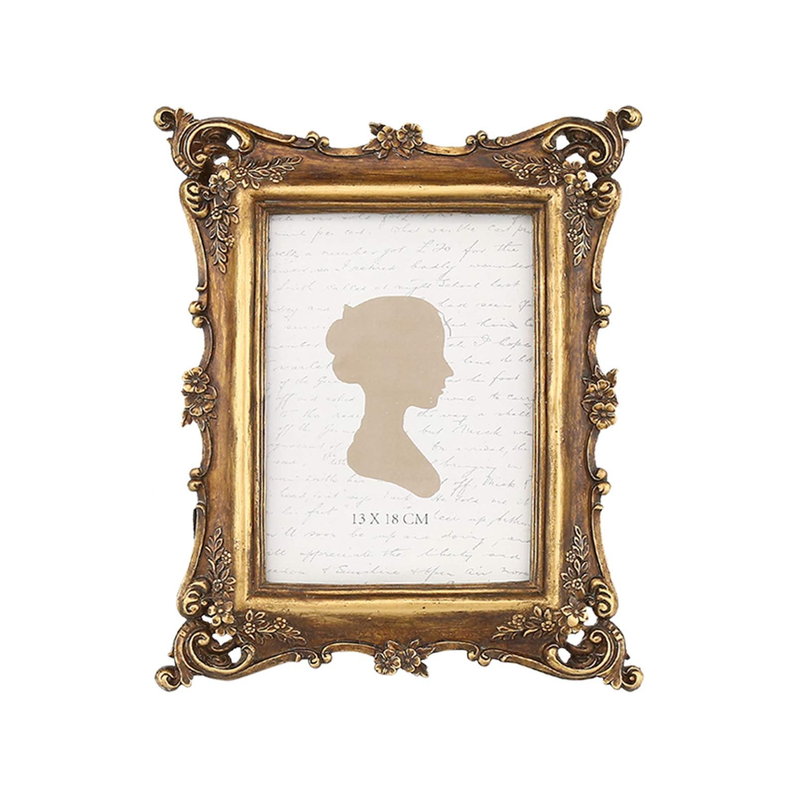 Vintage-style antique gold polyresin picture frame with ornate detailing and glass front, shown on a white background.