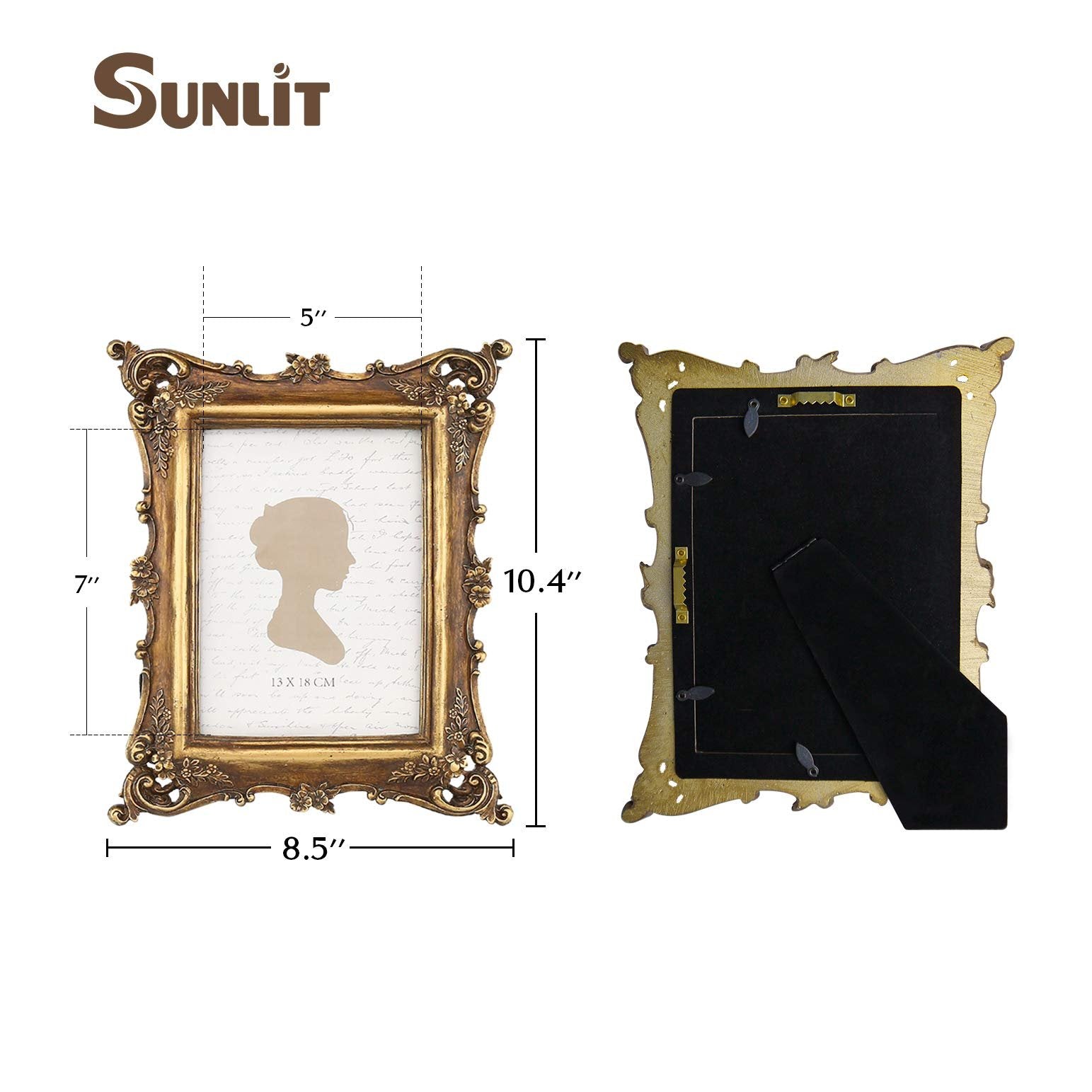 Vintage-style antique gold polyresin picture frame shown front and back with dimensions marked.