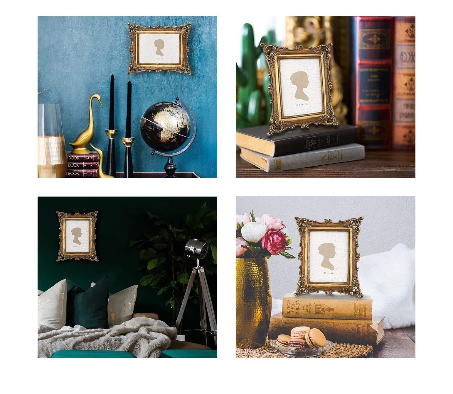 Collage of four lifestyle images showcasing a vintage-style gold picture frame with a silhouette insert.
