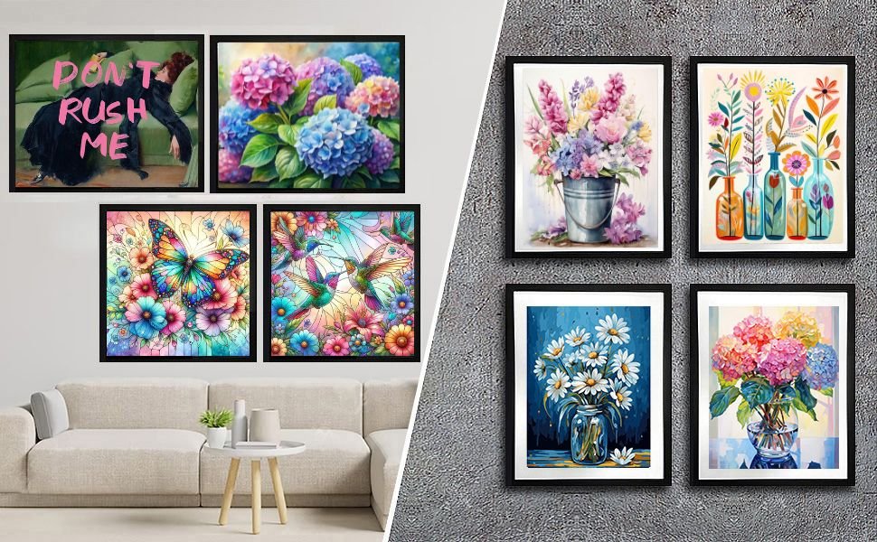 Collection of framed diamond paintings displayed on a wall above a sofa, featuring floral and butterfly designs.