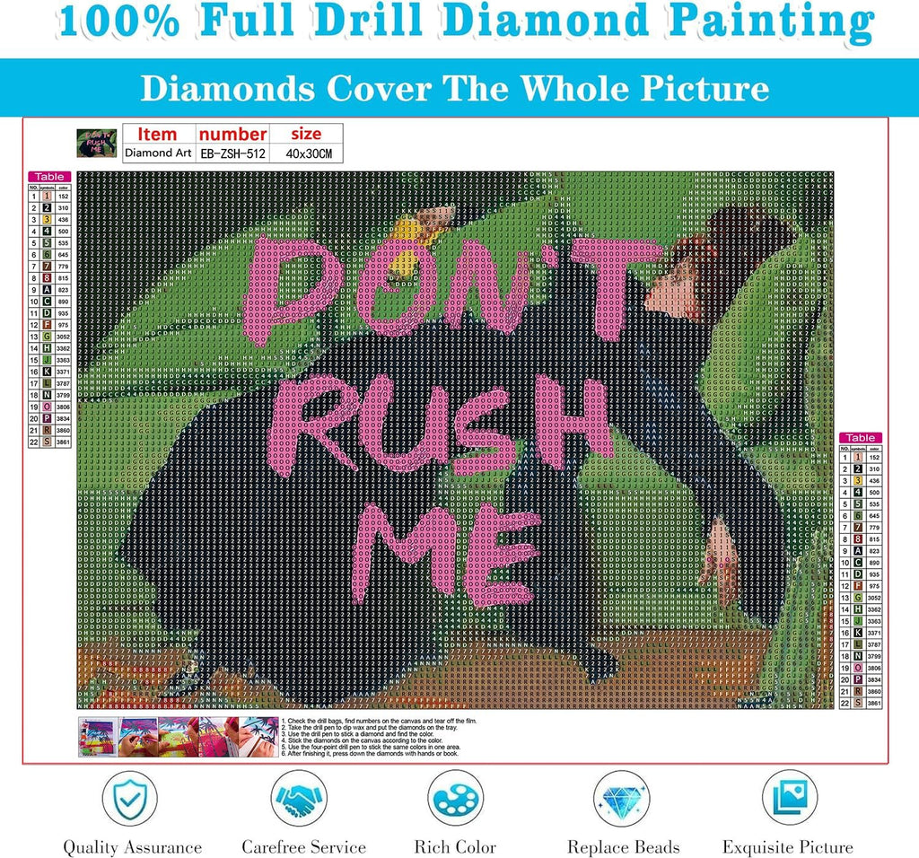 Diamond painting kit with 'Don't Rush Me' text design, showing canvas with symbols and color key table.