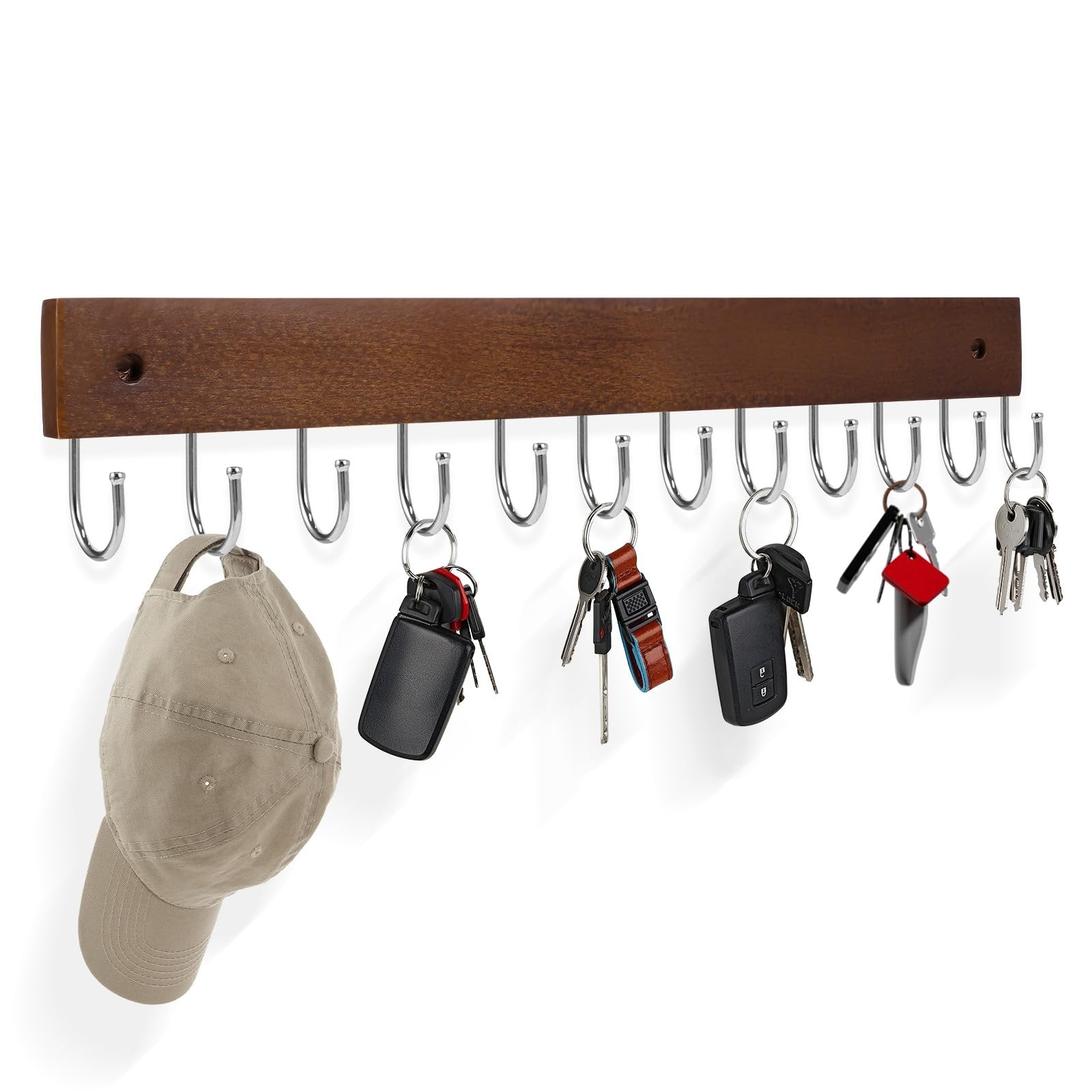 Wall-mounted key hook rack with 12 metal hooks holding keys and a cap, made of brown wood.