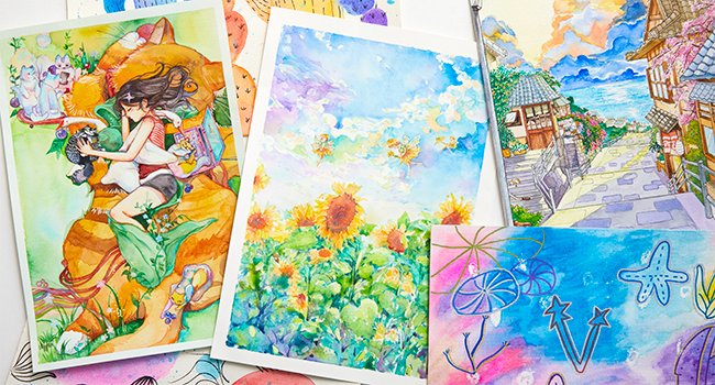 Collection of watercolor paintings featuring diverse artistic styles and subjects, including a girl with a cat, sunflowers, and a scenic village.