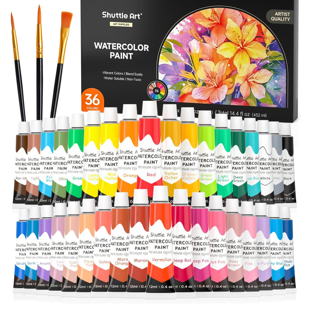 Watercolor paint tubes and brushes set, featuring 36 colors in 12ml tubes with a vibrant floral art panel.
