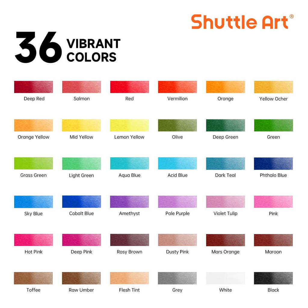 36 vibrant watercolor paint colors swatched and labeled