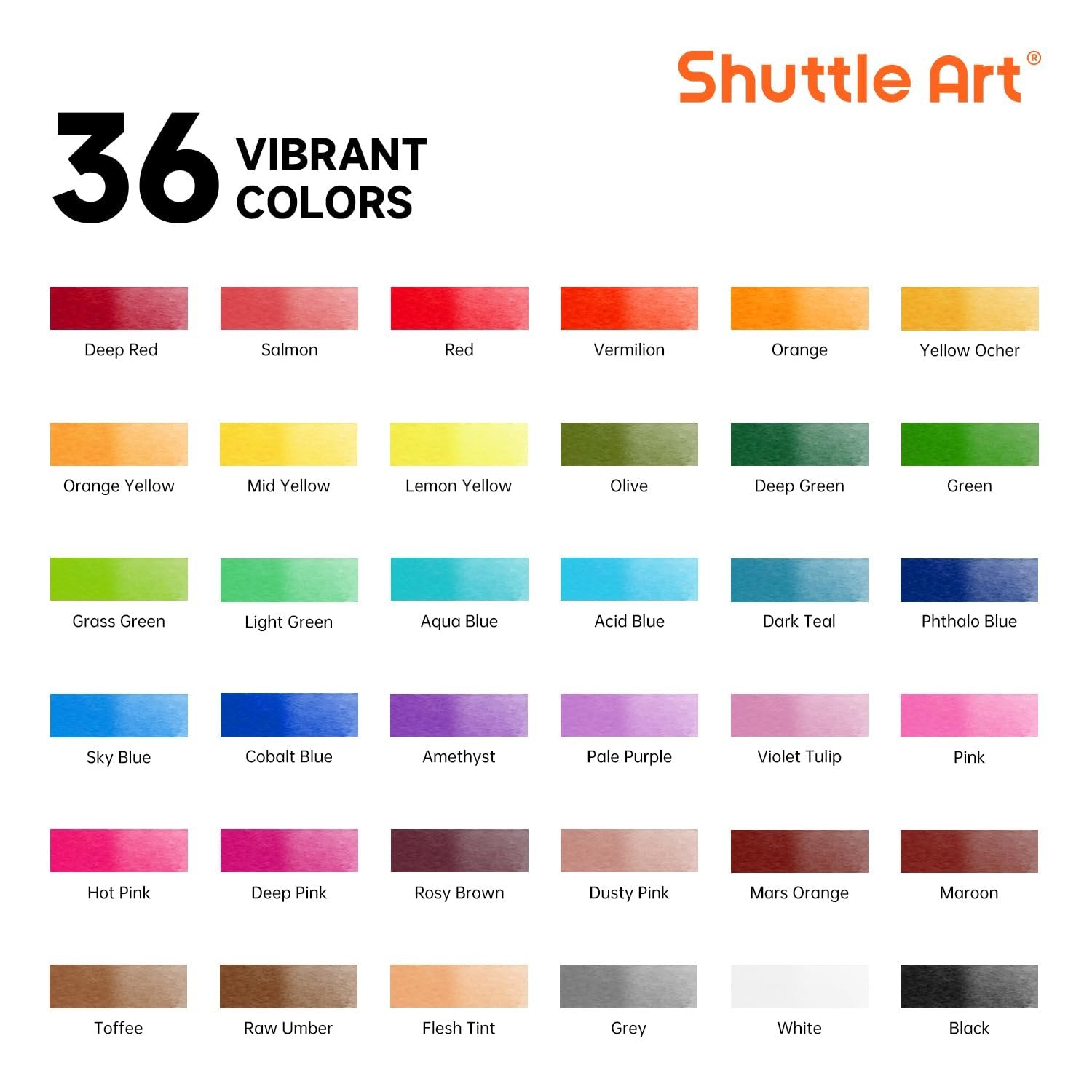 36 vibrant watercolor paint colors swatched and labeled
