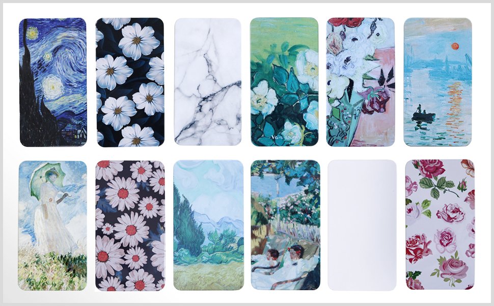 Collection of watercolor palette tin boxes with various artistic designs, including Starry Night, floral patterns, marble, and landscapes.