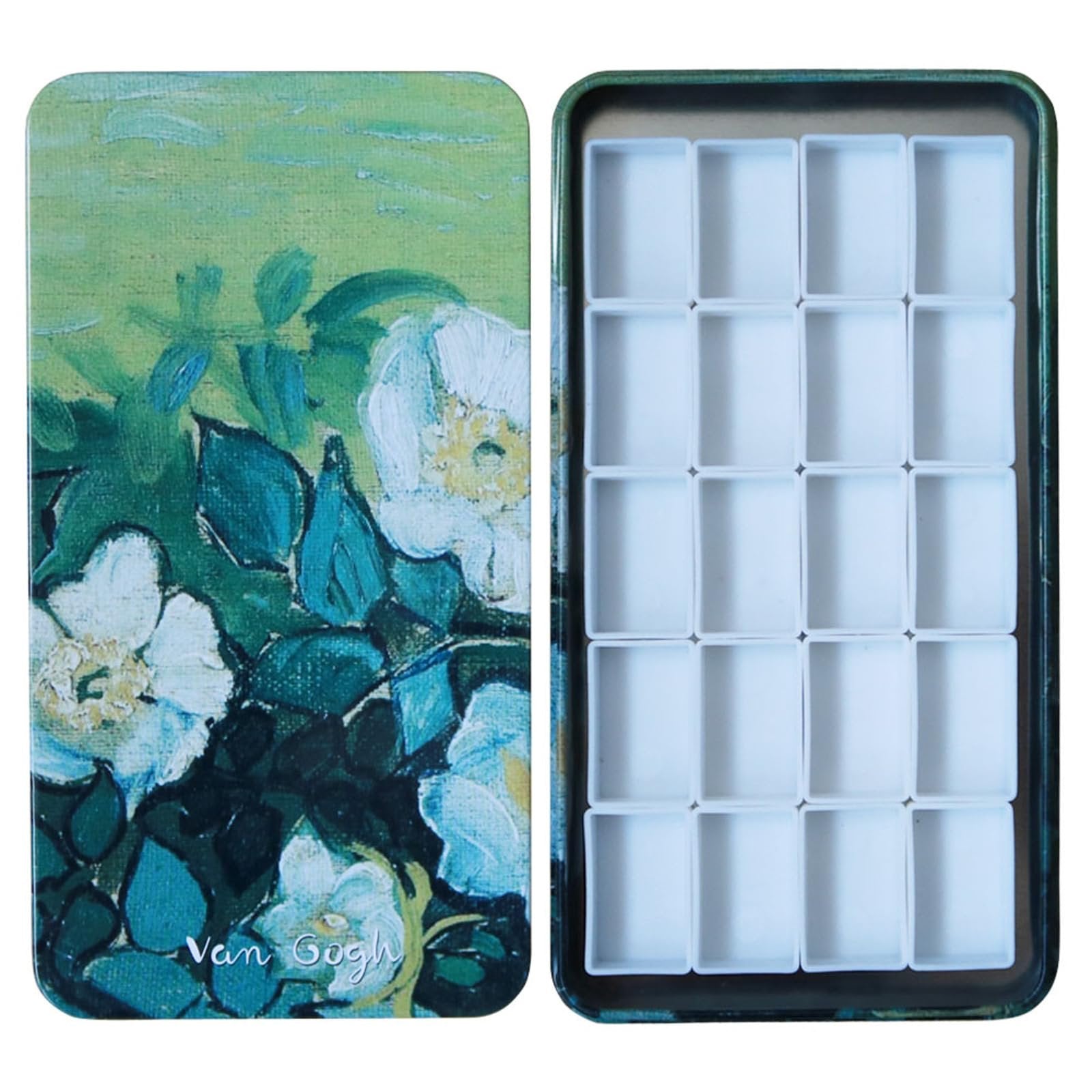 Watercolor palette tin box with 20 empty pans, open to show interior and closed lid with floral painting
