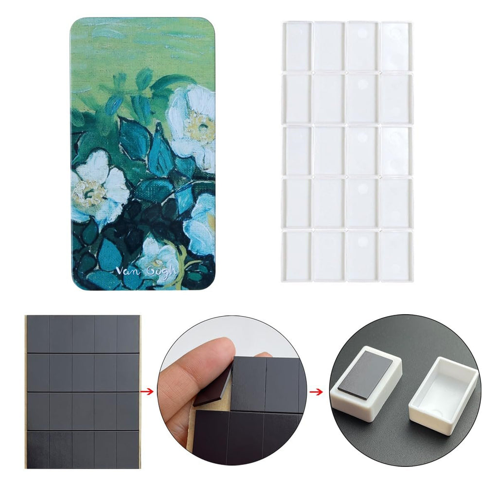 Watercolor palette tin with Van Gogh floral art, empty pans, magnetic squares, and assembly steps.