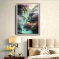 Diamond art painting of a serene Japanese garden with a waterfall, pagoda, and cherry blossoms.