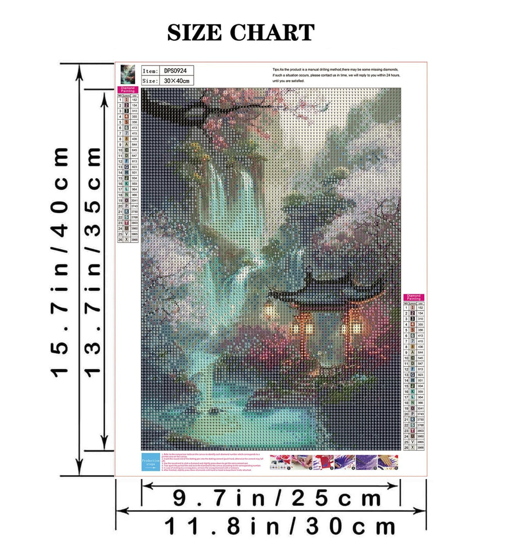 Diamond art kit size chart showing dimensions in inches and centimeters, with a color key and instructions.