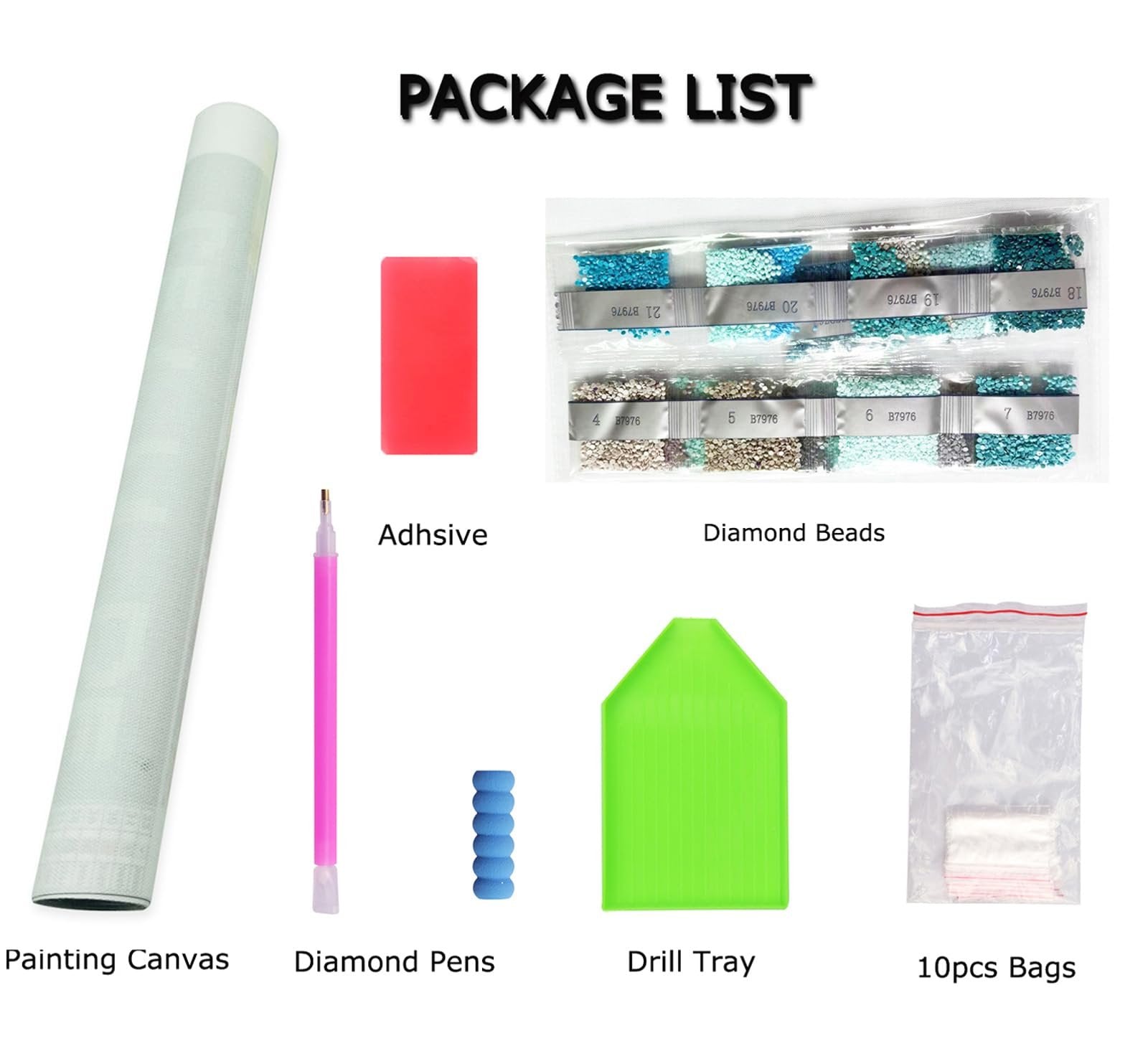 Diamond art kit contents laid out: rolled canvas, adhesive, diamond pens, drill tray, diamond beads in bags, and 10 small bags.