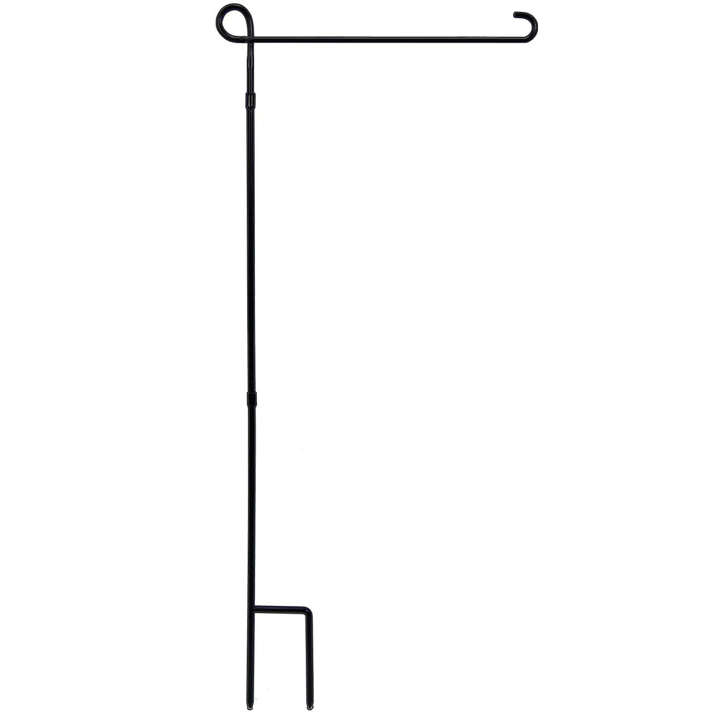 Black metal garden flag stand with adjustable height and hook for flag