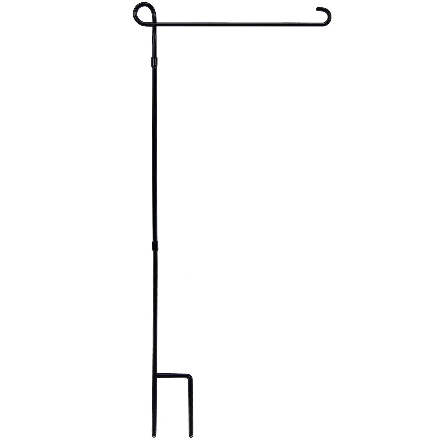 Black metal garden flag stand with adjustable height and hook for flag