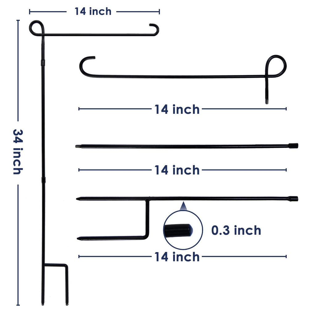 Black metal garden flag stand components with dimensions labeled
