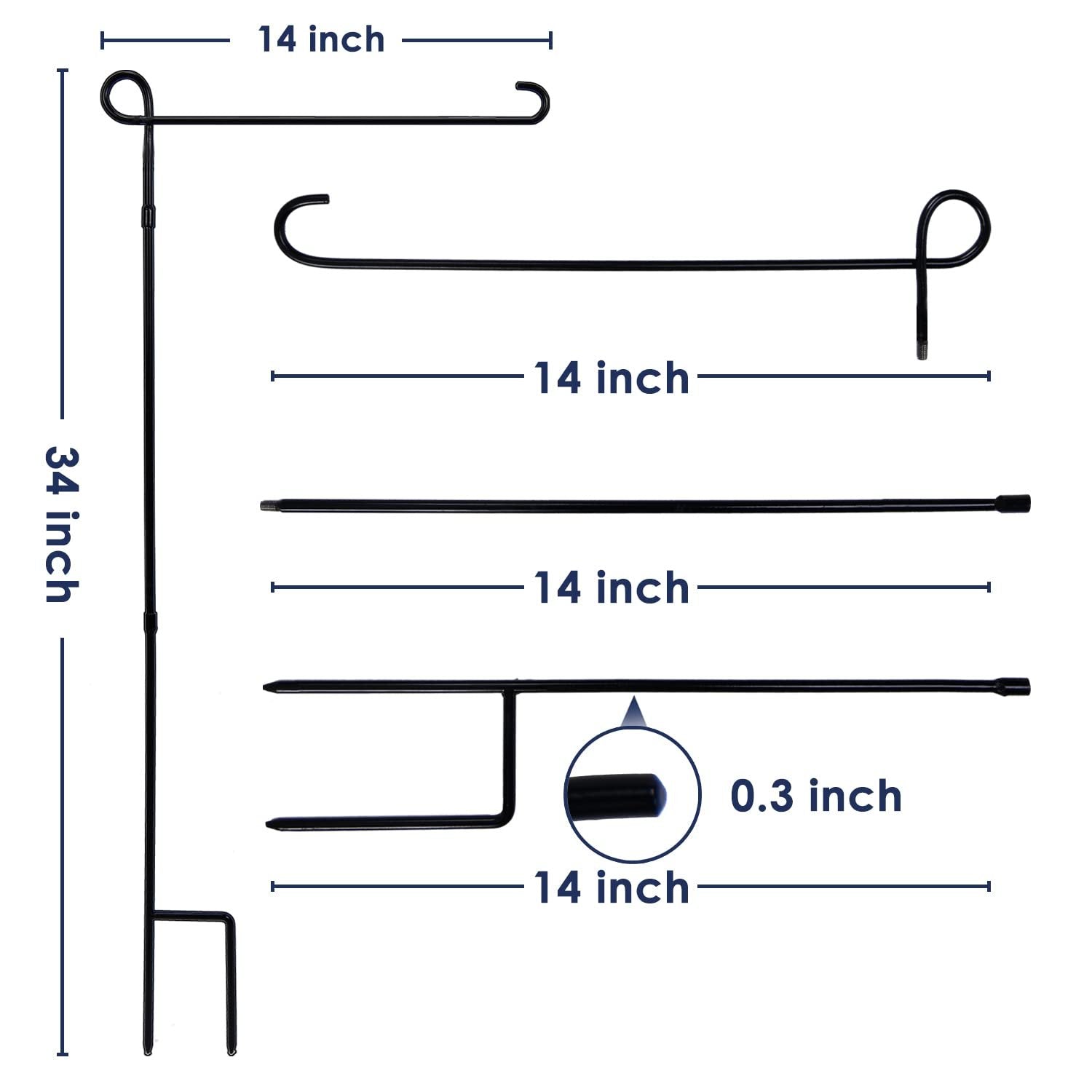 Black metal garden flag stand components with dimensions labeled