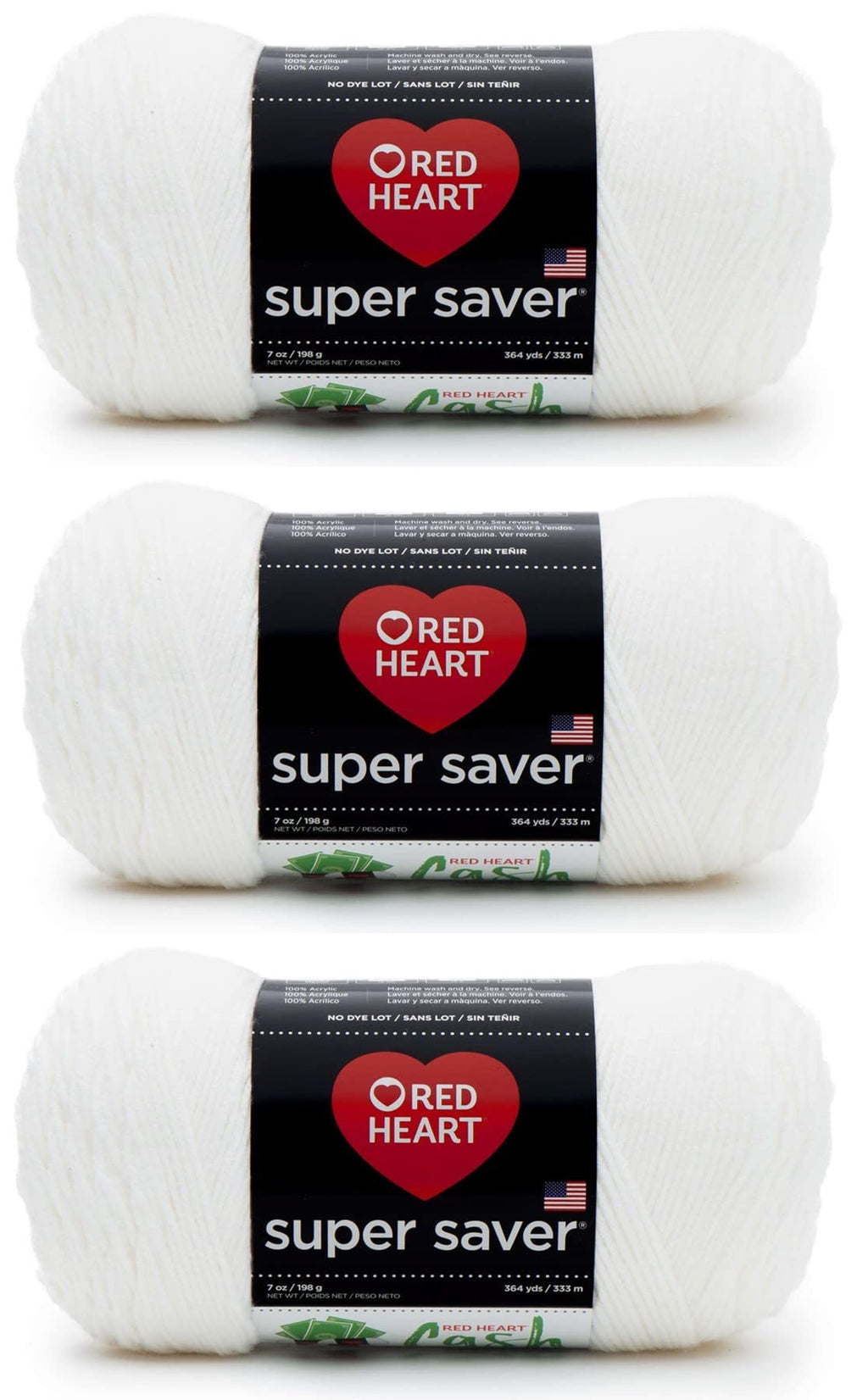 Three white acrylic yarn skeins with black labels showing brand and product details, arranged vertically.
