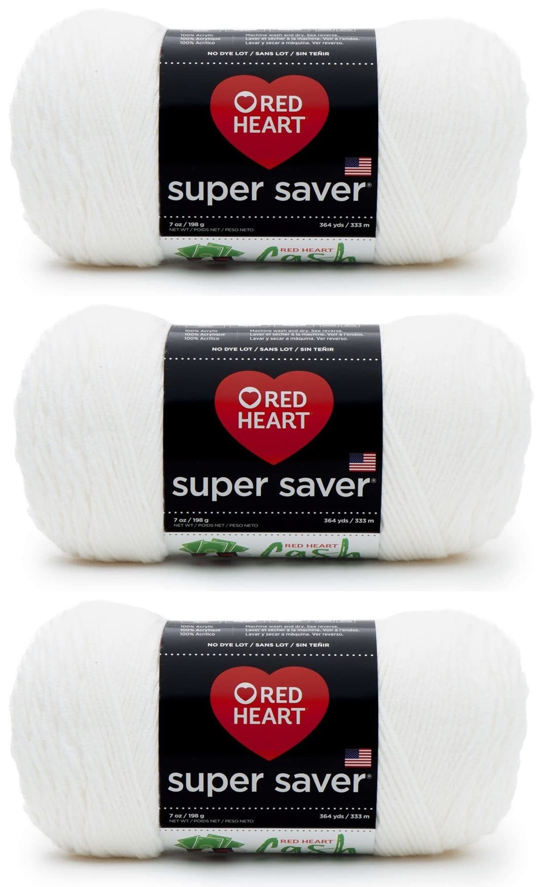Three white acrylic yarn skeins with black labels showing brand and product details, arranged vertically.