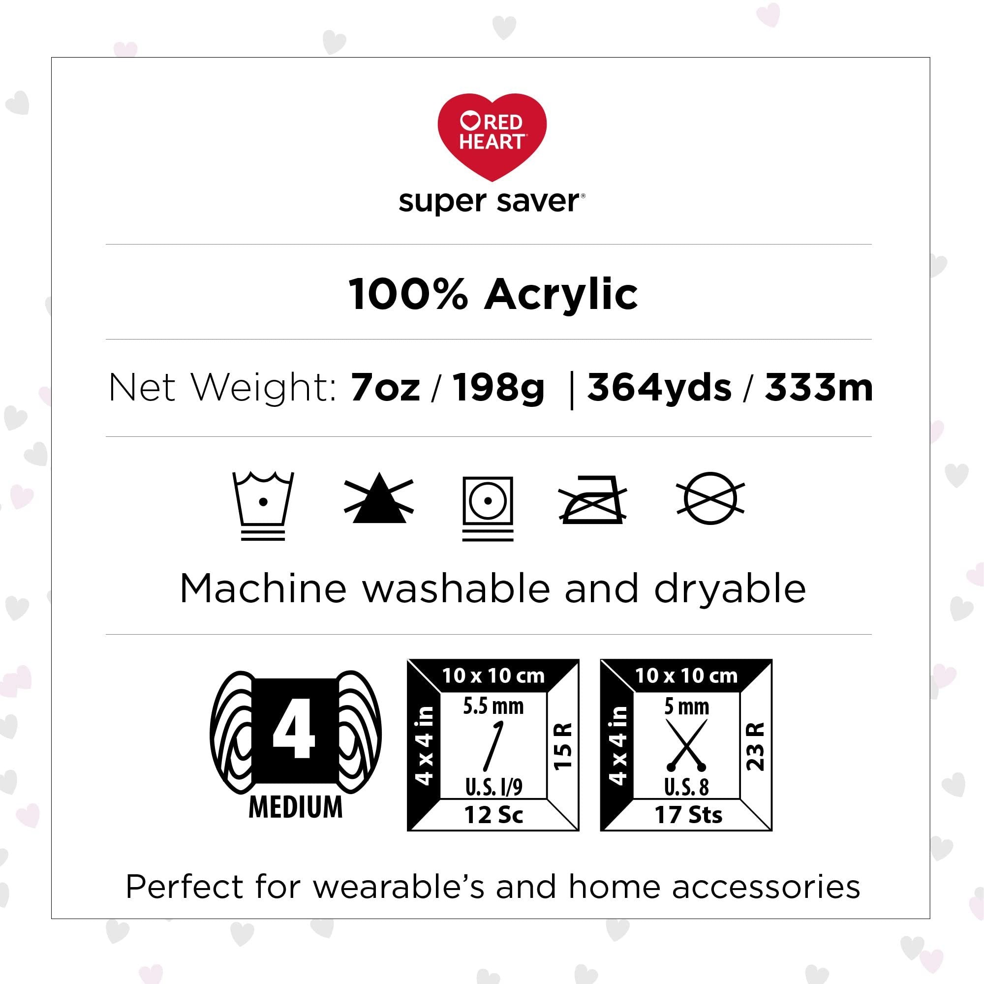 Super Saver 100% Acrylic yarn label showing weight, yardage, and care instructions.
