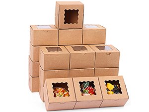 Stack of 50 kraft paper cookie boxes with clear windows, some filled with treats, on a white background.