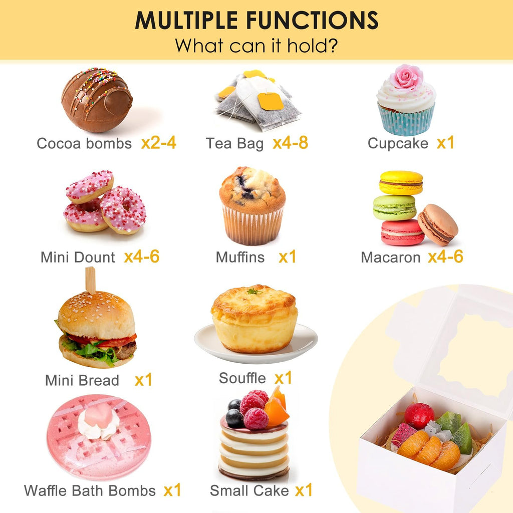 Collage showing various food items and a white bakery box, illustrating multiple functions and capacities.