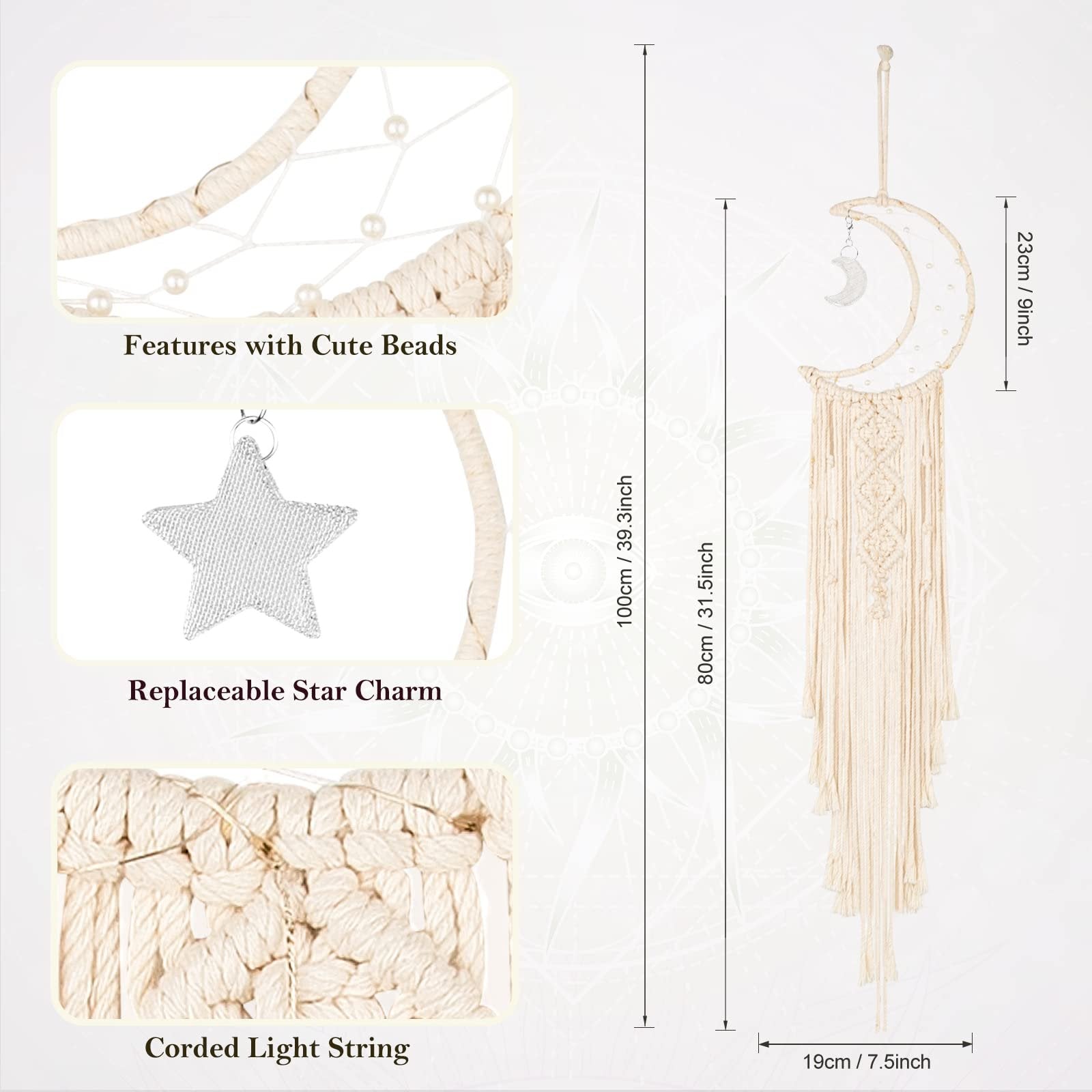 Macrame crescent moon dream catcher wall hanging with tassels, showing close-ups of beads, star charm, and light string, with dimensions indicated.
