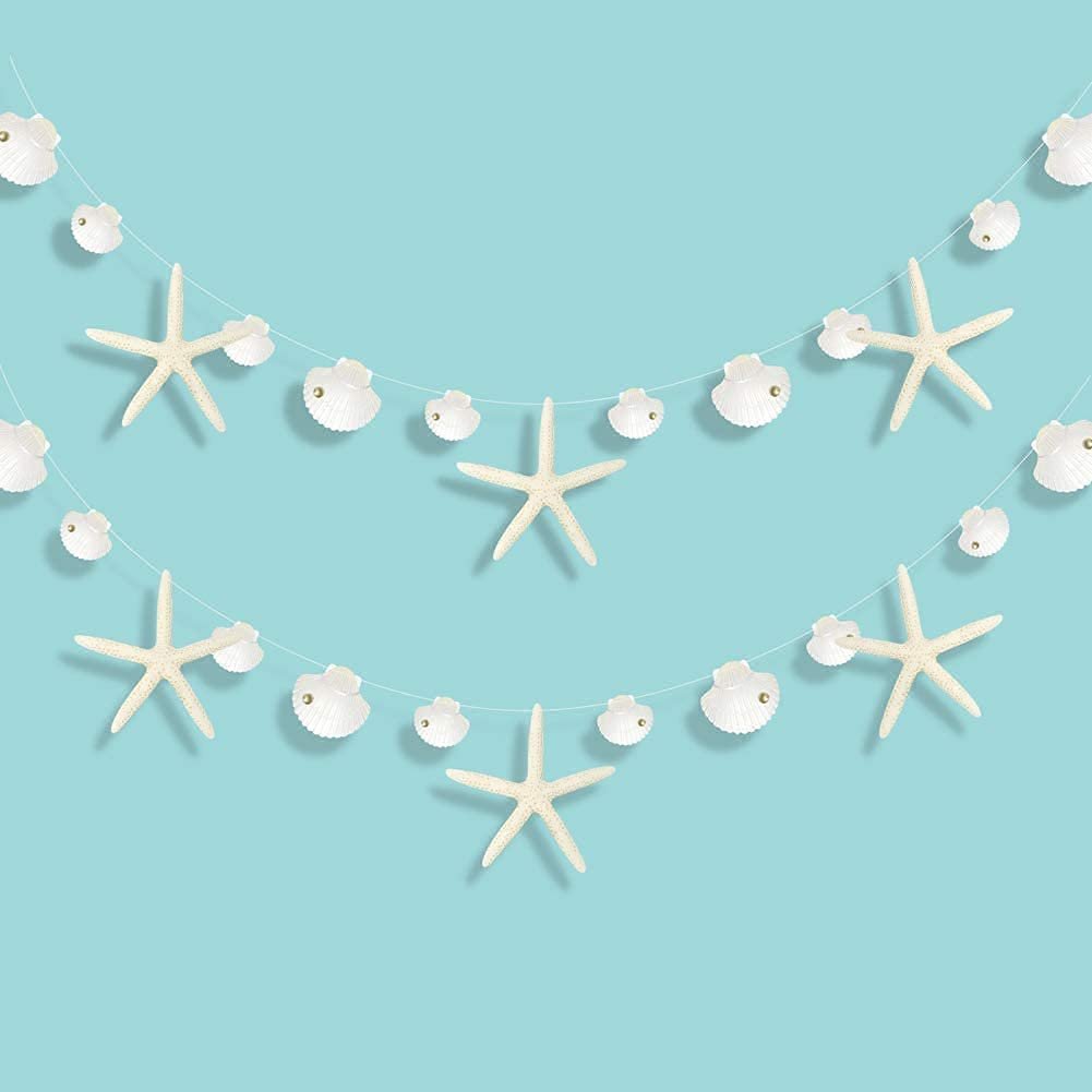 Two strings of white starfish and seashell garland against a blue background. Each string has alternating starfish and shell cutouts.