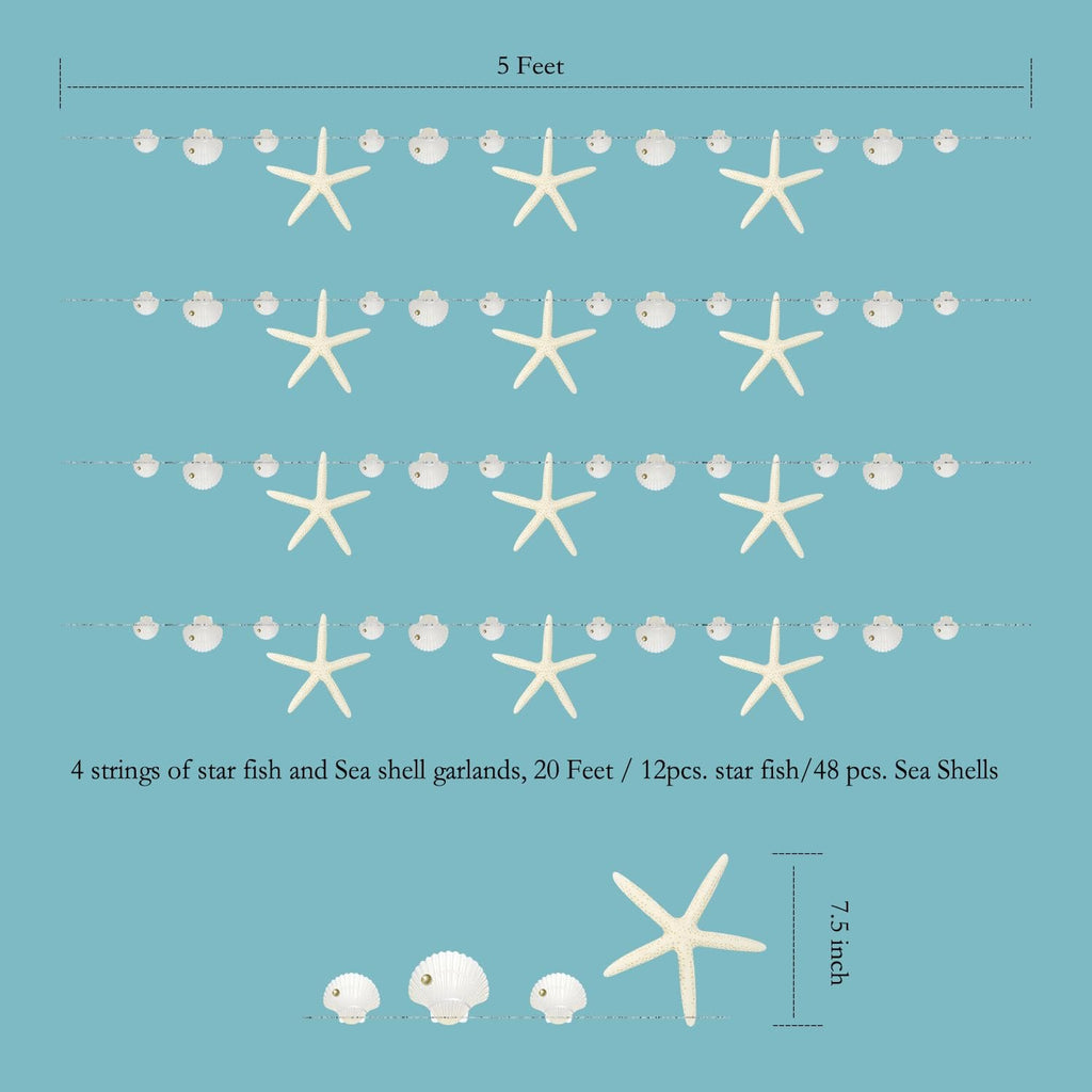 Four strings of white starfish and seashell paper garlands on a blue background, with length and quantity details.