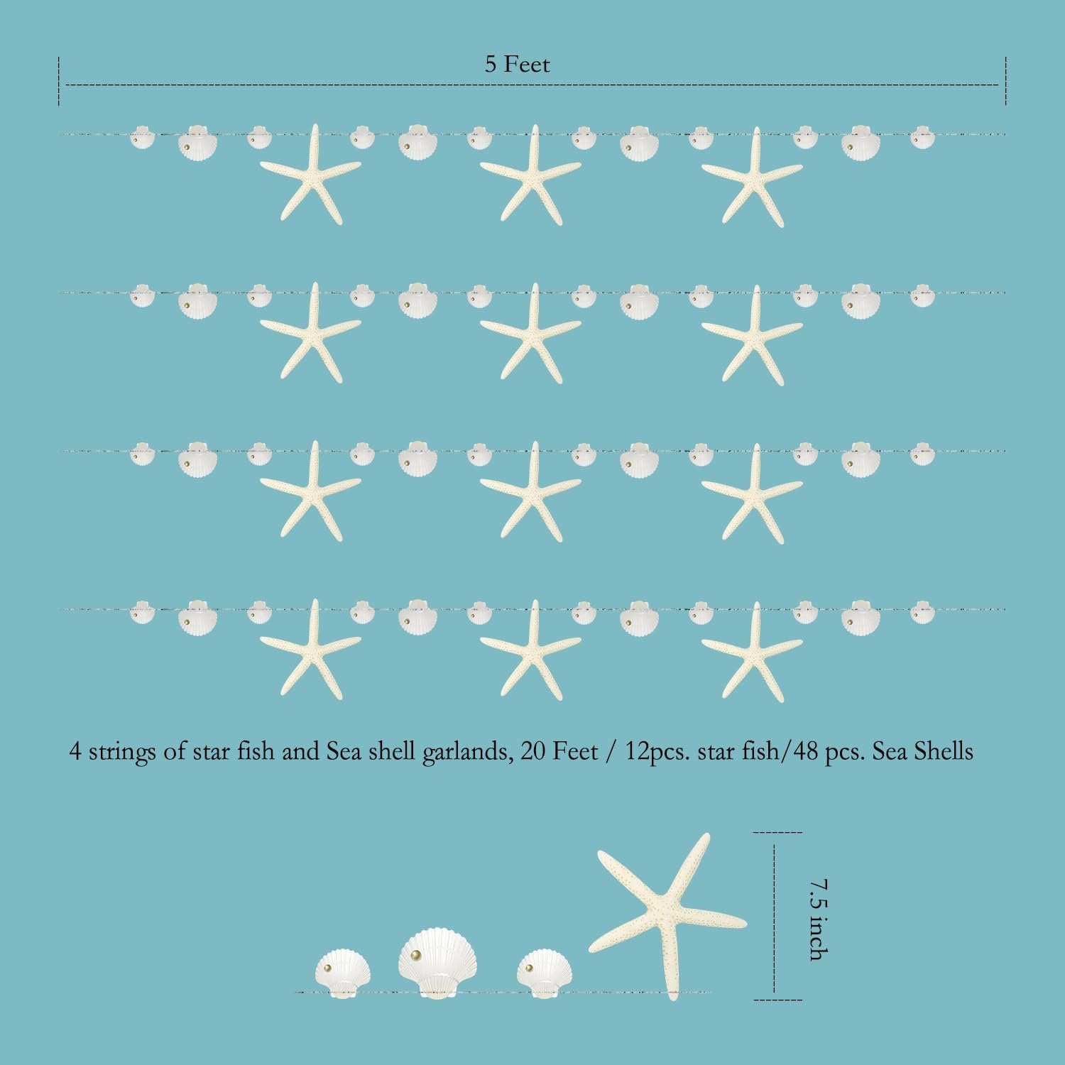 Four strings of white starfish and seashell paper garlands on a blue background, with length and quantity details.