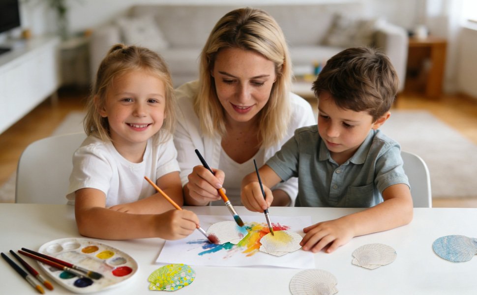 Mother and two children painting scallop shells at a table with a watercolor palette and brushes.