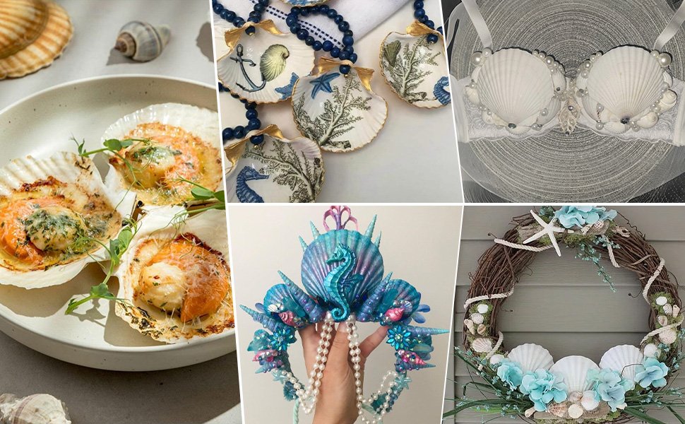 Collage of seashell crafts: baked scallops, decorated shells on beads, seashell bra, mermaid crown, and seashell wreath.