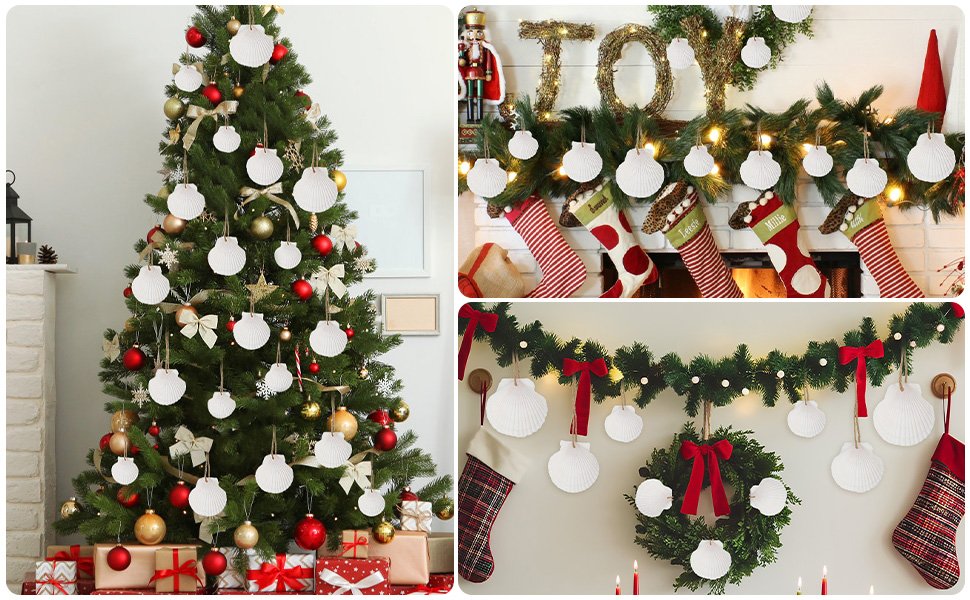 White scallop shell ornaments hanging on a Christmas tree and garland with stockings
