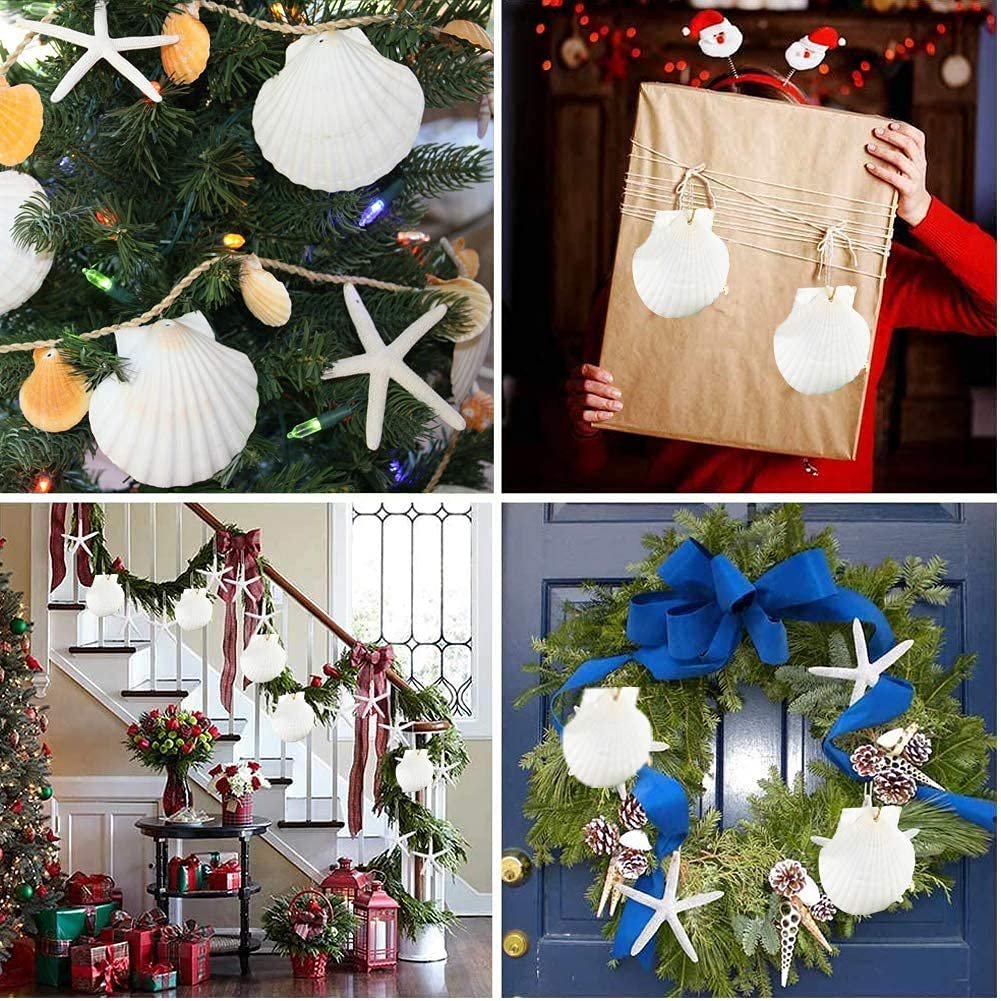 Four lifestyle images showing white scallop shells and starfish used as holiday decorations on a Christmas tree, gift wrap, staircase garland, and wreath.