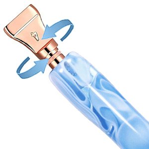 Diamond painting pen with rose gold tip and blue marbled body, showing how to attach the tip with curved arrows.