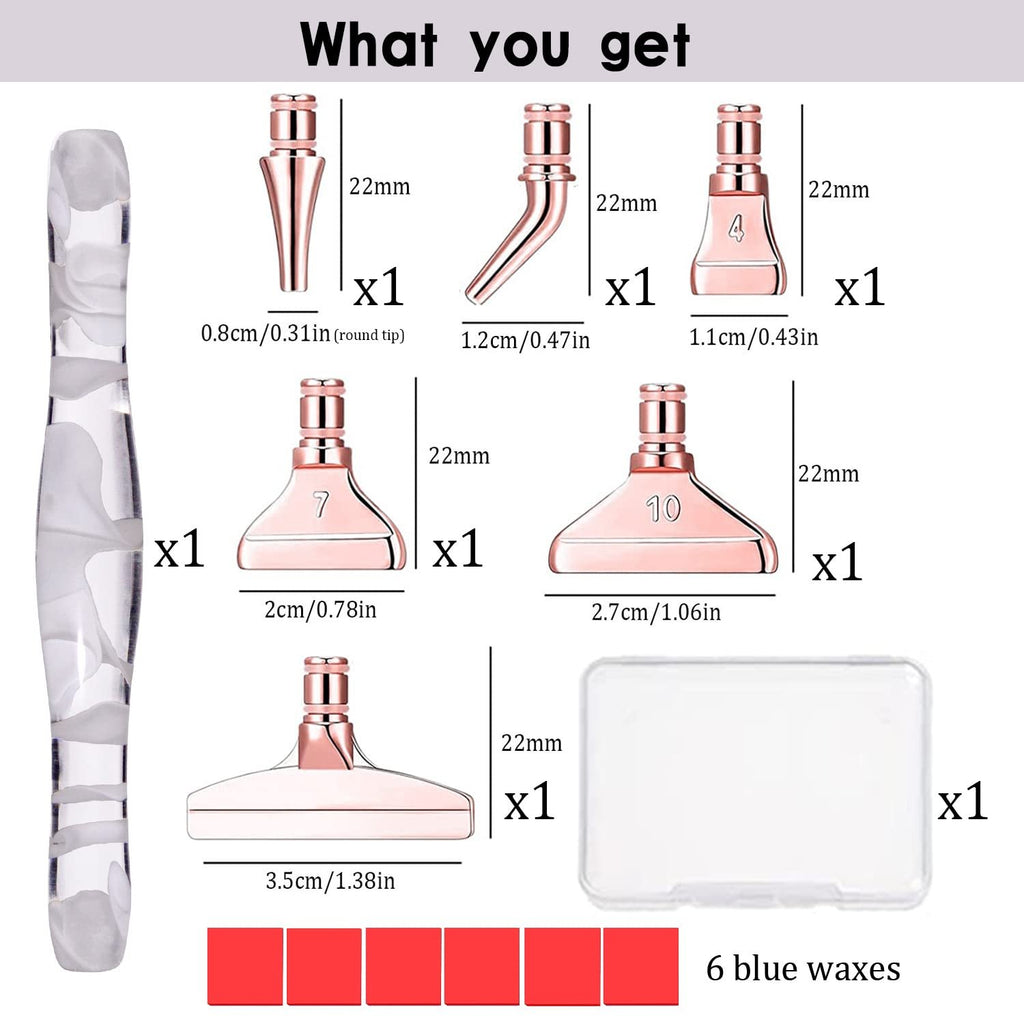 Diamond painting kit contents including a pen, multiple metal tips, wax, and a storage box, with dimensions and quantities shown.