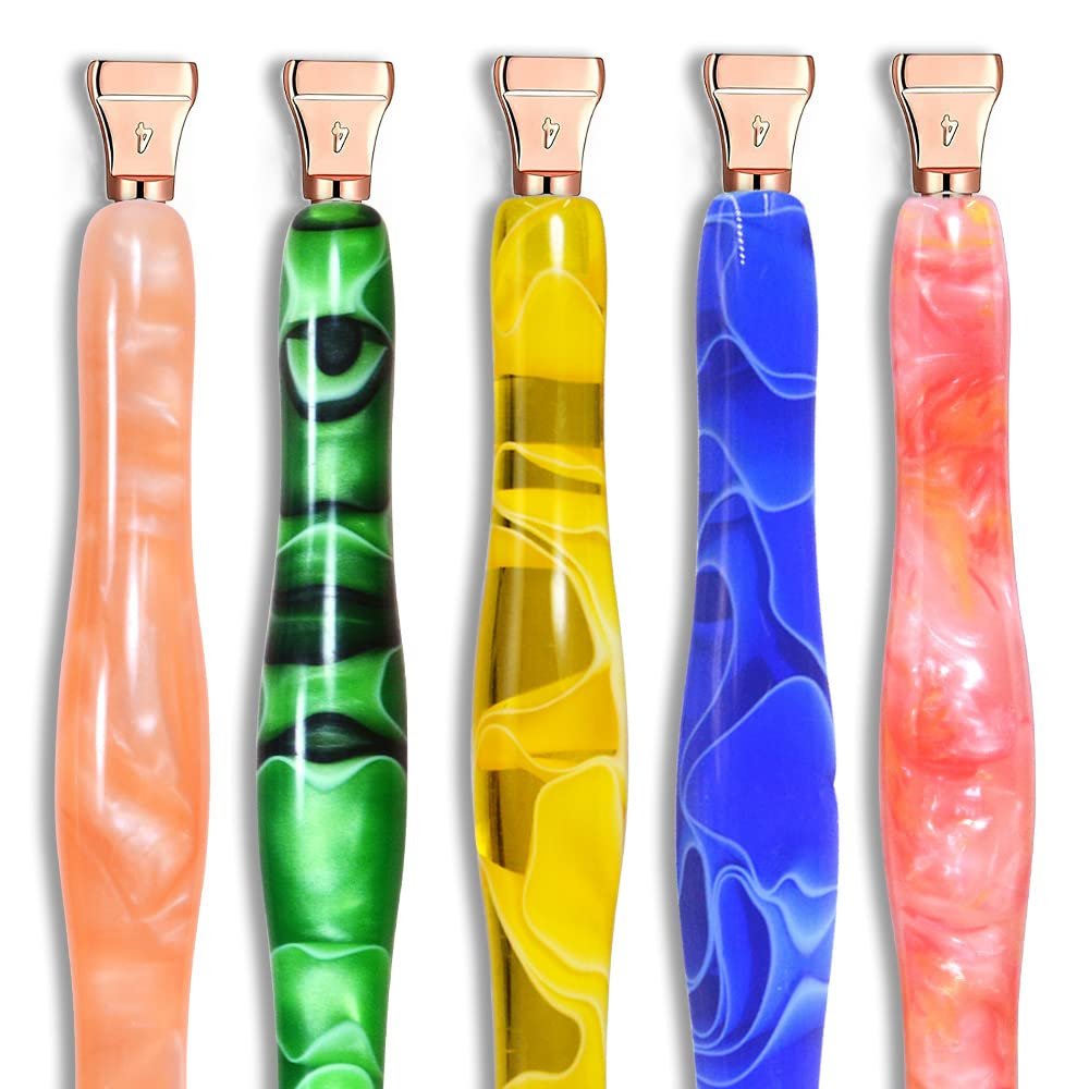 Five diamond painting pens with swirled resin handles in orange, green, yellow, blue, and pink, rose gold tips.