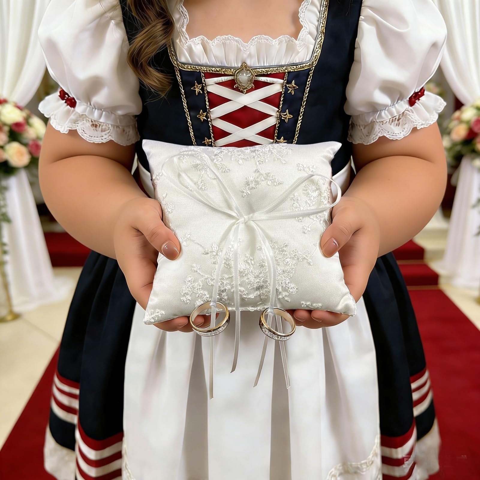 White satin ring bearer pillow with floral lace embroidery and ribbon bow, held by a person in traditional attire, with two rings attached.