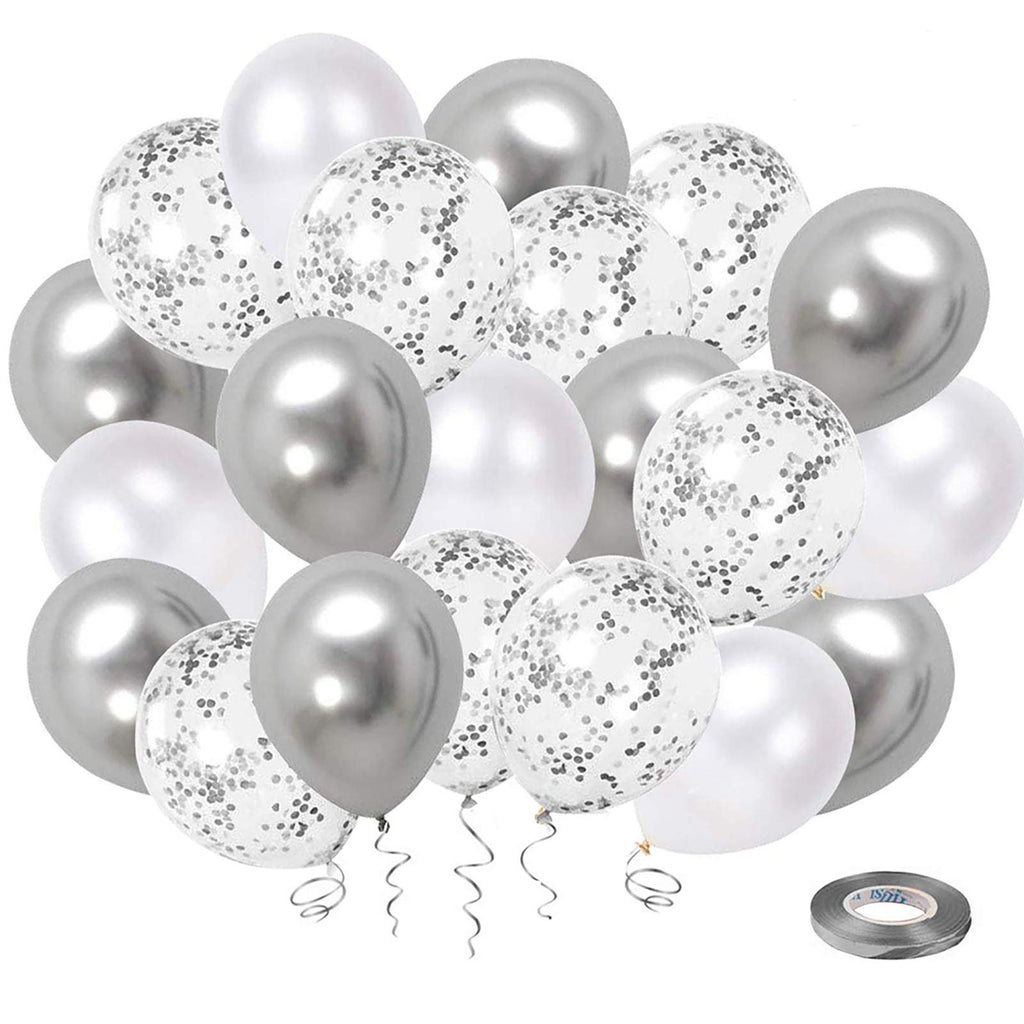 White and silver confetti latex balloons with silver ribbon and tape on a white background