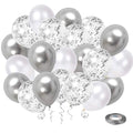 White and silver confetti latex balloons with silver ribbon and tape on a white background